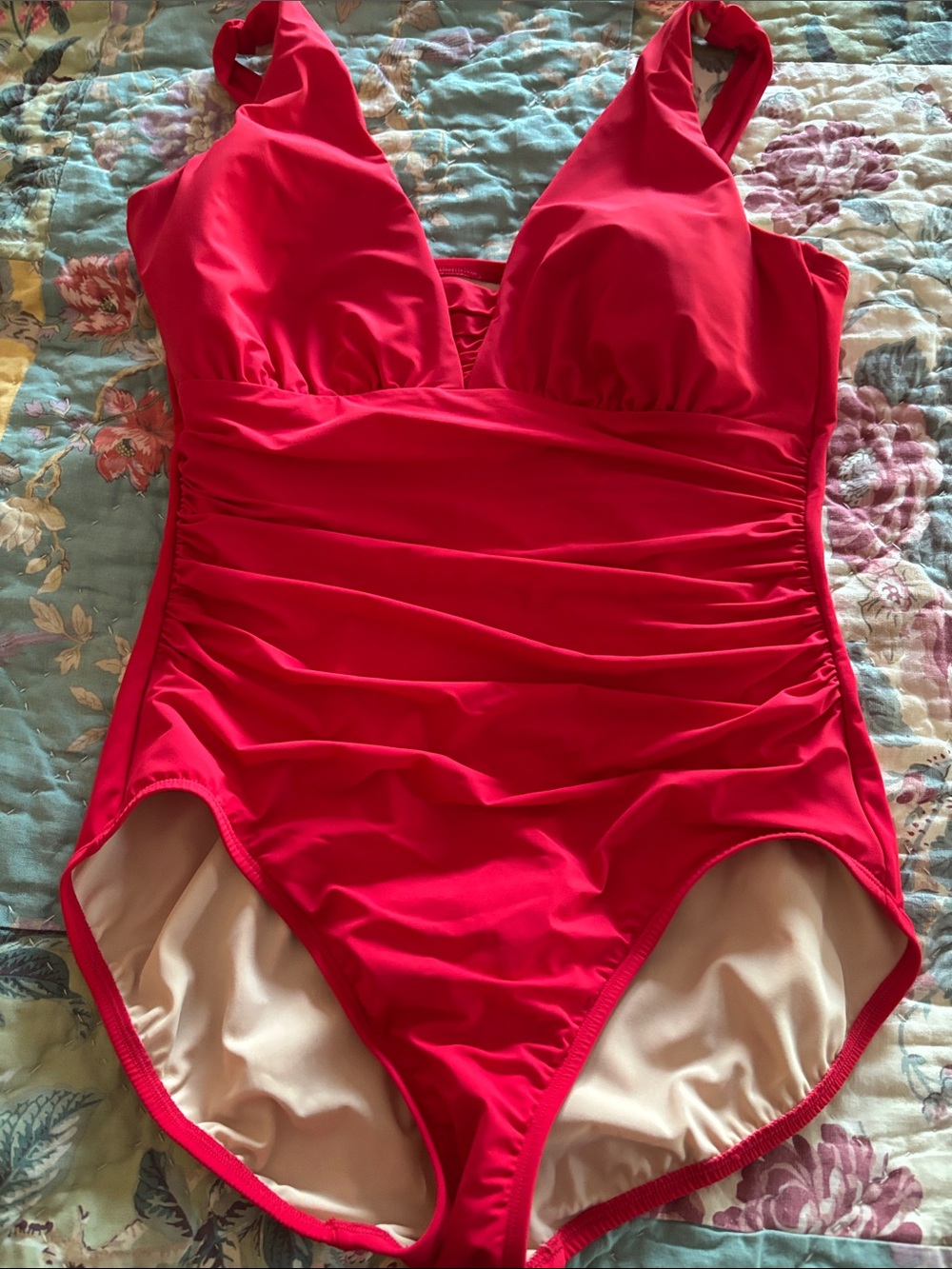 Lands' End Vibrant Red Ruched V-Neck One-Piece Swimsuit
